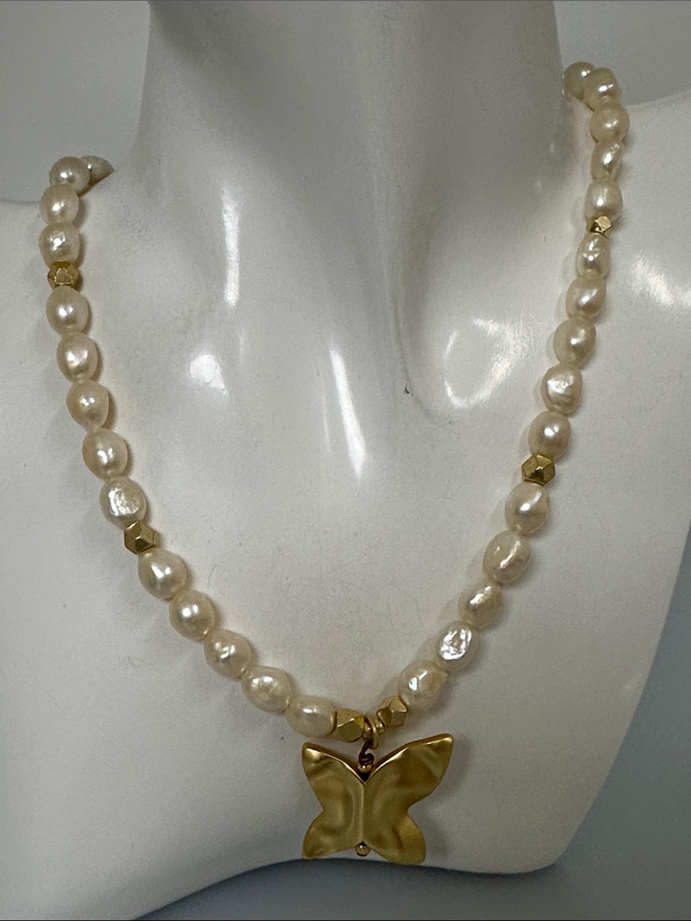 14k GF Real Pearl Gold Butterfly Pendant necklace